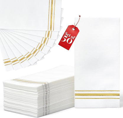 Prestee Disposable Guest Towels for Bathroom - Linen-Like Paper Hand Towels - White with Gold Stripes - 7.8"x4" Folded - 50 Count - Elegant Bathroom Napkins for Events and Parties