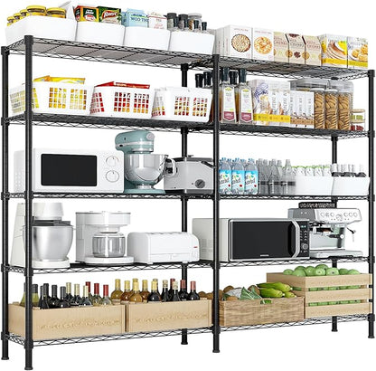 5 Tier Storage Racks Shelving, Heavy Steel Pantry Shelves, Adjustable Wire Shelving Rack, Suitable for Garage, Kitchens, Offices, 58" W x 13.8" D x 71" H, Black