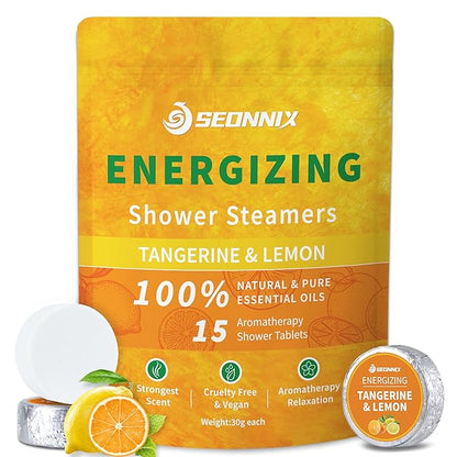 Shower Steamers Aromatherapy 15 Pack, Tangerin & Lemon Shower Bombs with Natural Essential Oils, Relaxation & Birthday Gifts for Women and Men, Stress Relief & Self Care Gifts, Shower Tablets