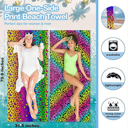 4 Pack Towels for Bathroom, Beach Towel, Microfiber Lightweight Beach Towels Oversized, Towel Accessories for Christmas Halloween Favors Travel 32x71 IN, Rainbow Leopard Colorful Neon Cheetah Print