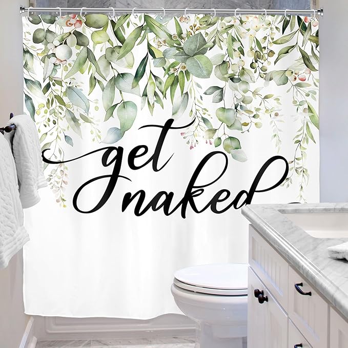 Riyidecor Sage Green Eucalyptus Leaves Shower Curtain for Bathroom Decor 72Wx72H Get Naked Bible Verse Spring Watercolor Floral Botanical Art Printed Fabric Polyester Waterproof 12 Pack Metal Hooks
