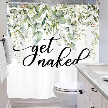 Riyidecor Sage Green Eucalyptus Leaves Shower Curtain for Bathroom Decor 72Wx72H Get Naked Bible Verse Spring Watercolor Floral Botanical Art Printed Fabric Polyester Waterproof 12 Pack Metal Hooks