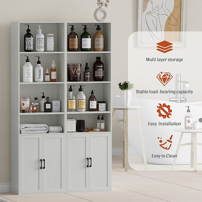 Tall Bathroom Storage Cabinet, Bathroom Floor Cabinet with Wide 4 Tier Shelf, Storage Unit for Living Room, Entryway, Kitchen (Retro White, 2 PCS)