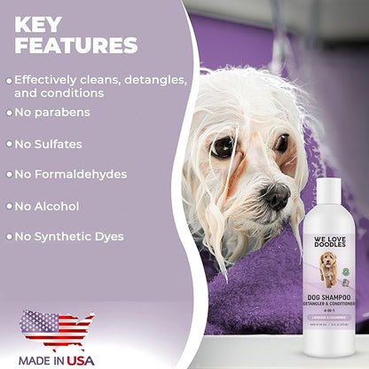 We Love Doodles Bundle 4-in-1 Non-Organic Dog Shampoo (Lavender & Chamomile) and Dog Bath Brush - Pet Rubber Brush for Shower Scrubbing & Soothing Massage, Essential Puppy Grooming Accessories