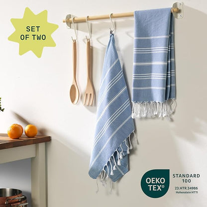 WETCAT Turkish Hand Towels with Hanging Loop, Set of 2 (20" x 30") 100% Turkish Cotton, Pre-Washed, Quick Drying, for Kitchen or Bathroom - Denim Blue