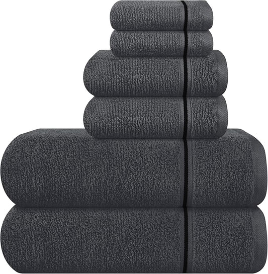 MyOwn Ultra Soft 6 Pack Cotton Towel Set, Contains 2 Bath Towels 28x55 inch, 2 Hand Towels 16x24 inch & 2 Wash Coths 12x12 inch, Ideal Everyday use, Compact & Lightweight - Charcoal Grey