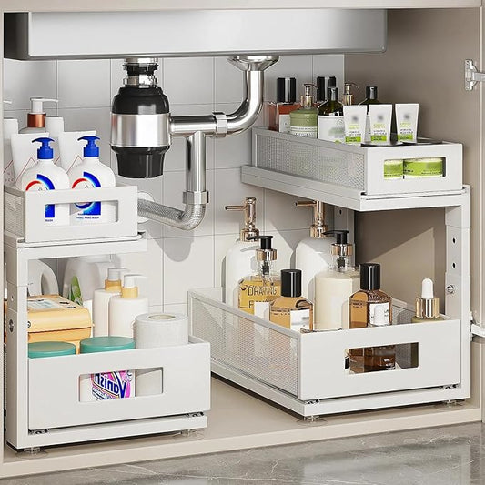 2 Pack Under Sink Organizer With Next-Gen Ball-Bearing Slides,2-Tier Pull Out Cabinet Storage,Height Adjustable Drawer Shelf for Bathroom,Kitchen,Laundry,Cabinet,Pantry(Patent Pending)