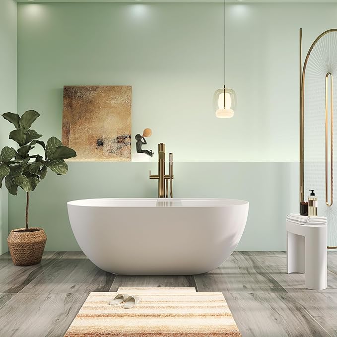 59" Premium Solid Surface Freestanding Bathtub With Acrylic Shelf, Modern Soaking Deep Stone Resin Tub with Overflow and Pop-up Drain, Matte White