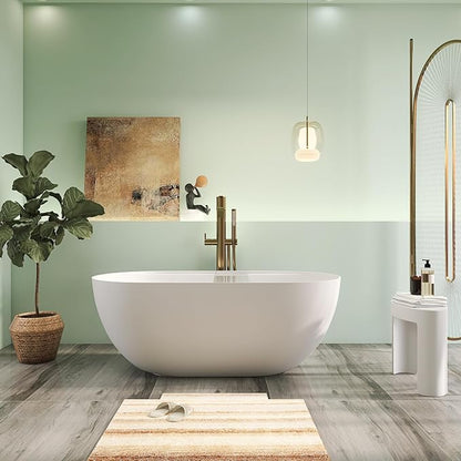 59" Premium Solid Surface Freestanding Bathtub With Acrylic Shelf, Modern Soaking Deep Stone Resin Tub with Overflow and Pop-up Drain, Matte White