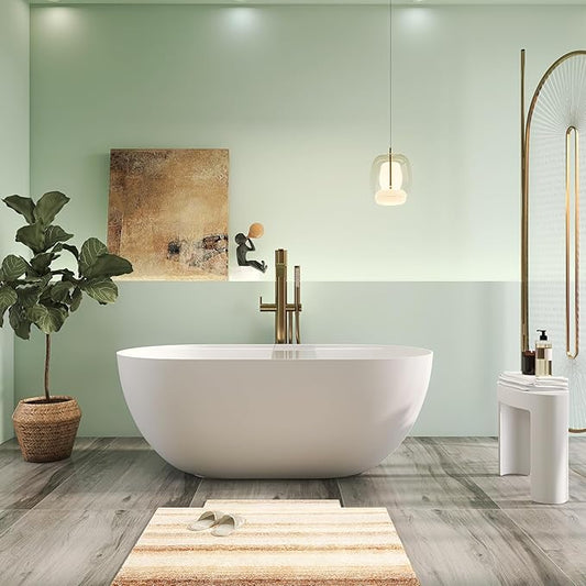 59" Premium Solid Surface Freestanding Bathtub With Acrylic Shelf, Modern Soaking Deep Stone Resin Tub with Overflow and Pop-up Drain, Matte White
