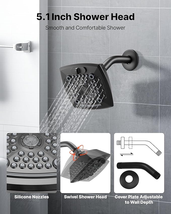 VEVOR Tub and Shower Faucet Set, Complete with 5.1-Inch Rainfall Shower Head and Bathtub Spout, 5-Setting Adjustable Spray, Single-Handle Tub Trim Kit with Brass Pressure Balancing Valve, Matte Black