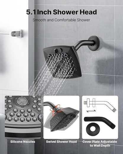 VEVOR Tub and Shower Faucet Set, Complete with 5.1-Inch Rainfall Shower Head and Bathtub Spout, 5-Setting Adjustable Spray, Single-Handle Tub Trim Kit with Brass Pressure Balancing Valve, Matte Black