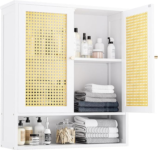 Bathroom Wall Cabinet, Bamboo Over-The-Toilet Storage Organizer with 2 Rattan Doors and Adjustable Shelf, Space Saver Medicine Cabinet for Laundry, Kitchen, Living Room (White)