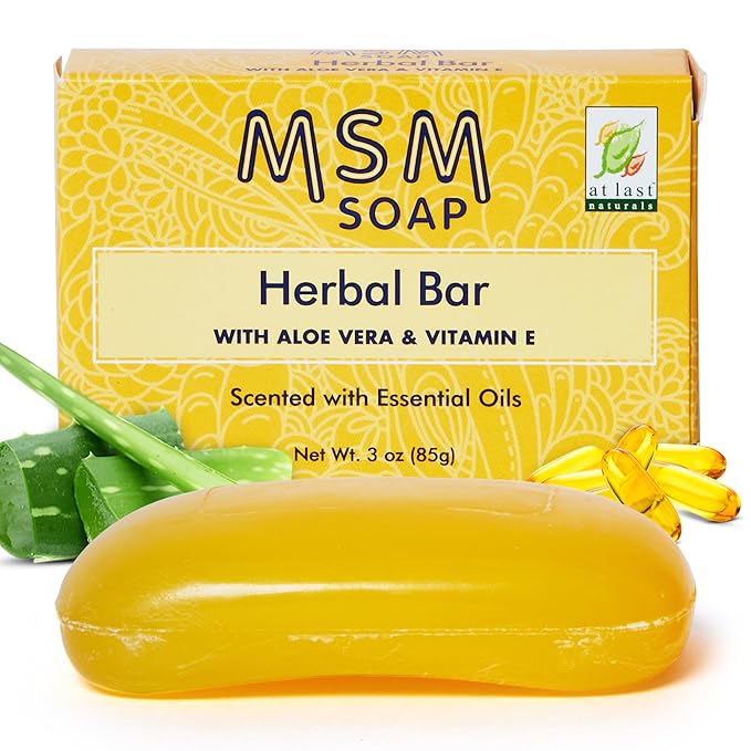 At Last Naturals MSM Soap Bar Body Soap for Men and Women Fine Line Wrinkle Reduction Herbal Moisturizer with Aloe Vera Vitamin E Essential Oils Deep Cleansing for Sensitive Skin 3 Ounce (Pack of 1)