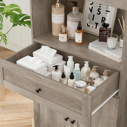 Tall Bathroom Storage Cabinets with Drawer, Farmhouse Linen Cabinet with Doors & Shelves, 67” Tall Storage Cabinet Freestanding for Bathroom, Dining Room, Kitchen, Pantry, Laundry, Narrow Corner,Brown