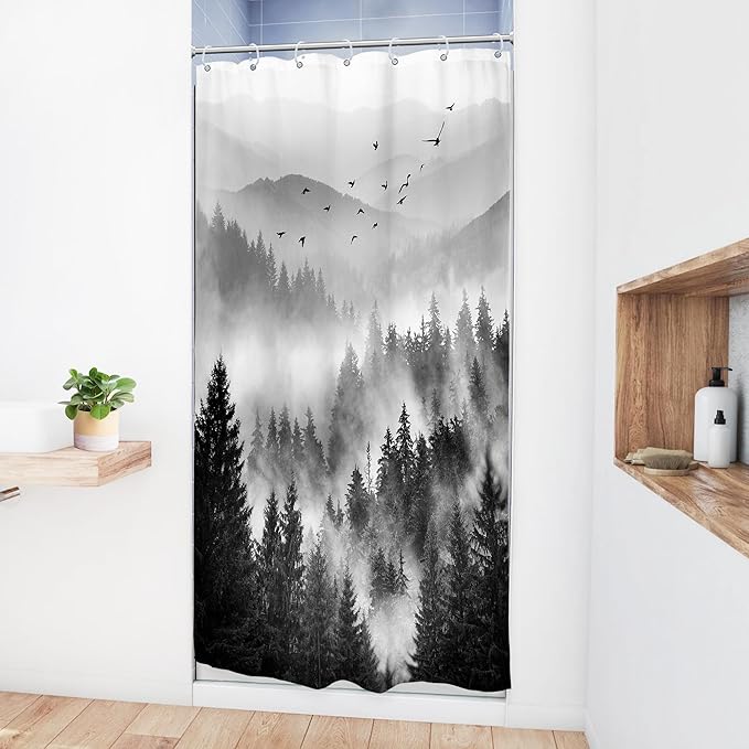 Riyidecor Black and White Shower Curtain 36Wx72H Inch Mountain Rustic Pine Tree Stall Half Small Rv Single Stand Up Camper Narrow Scenery View Bathroom Decor Fabric Polyester Waterproof 7 Pack Hooks