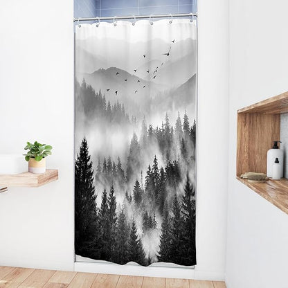 Riyidecor Black and White Shower Curtain 36Wx72H Inch Mountain Rustic Pine Tree Stall Half Small Rv Single Stand Up Camper Narrow Scenery View Bathroom Decor Fabric Polyester Waterproof 7 Pack Hooks