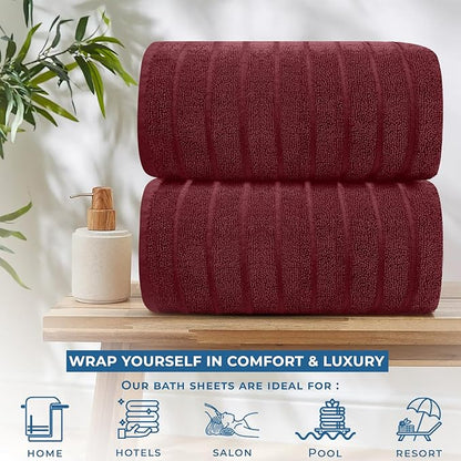 DAN RIVER Pack of 2 Bath Sheet 35x70 Inches, Ribbed Jumbo Bath Towels, Soft and Absorbent Extra Large Towels - Pomegranate