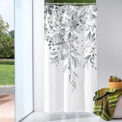 Gibelle Small Stall Shower Curtain 36 x 72, Narrow Grey Floral Decorative Bathroom, Watercolor Plant Eucalyptus Leaves Fabric