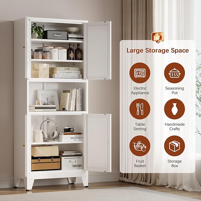 Metal Storage Cabinet, 69" Tall Bathroom Cabinets with 4 Doors & 3 Adjustable Shelves Large Cupboard, White Metal Pantry Cabinets for Kitchen, Home Office, Garage, Warehouse