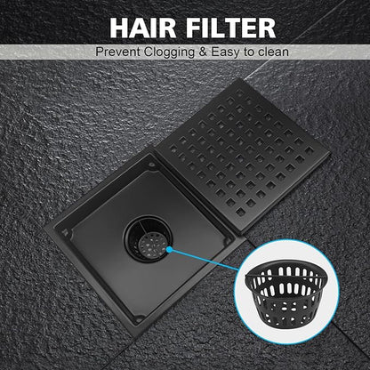 4 Inch Square Shower Drain with Flange, Removeable Grate SUS 304 Stainless Steel Shower Drain with Hair Catcher (Matte Black, 4 Inch)