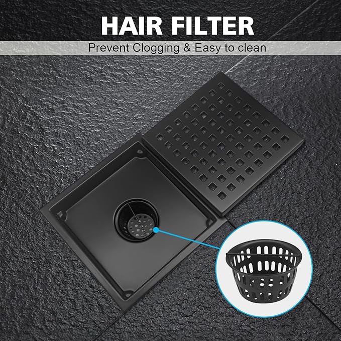6 Inch Square Shower Drain with Flange, Removeable Grate SUS 304 Stainless Steel Shower Drain with Hair Catcher (Matte Black, 6 Inch)