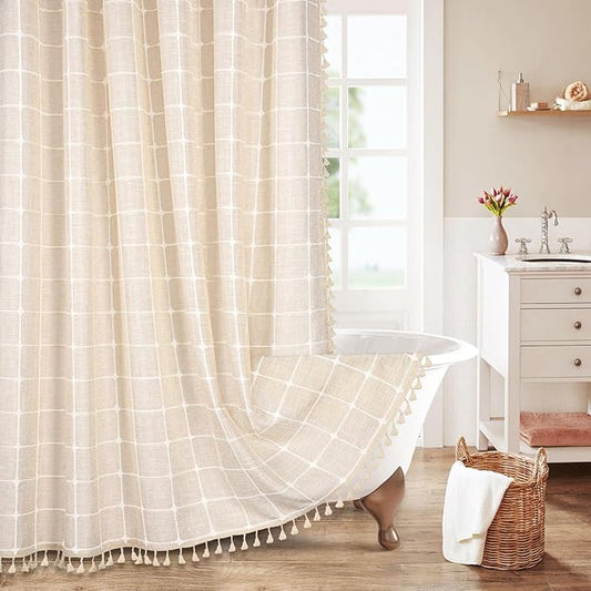 MitoVilla Cream Boho Farmhouse Shower Curtain Set 72 x 78, Beige 78 inch Long Polyester Linen Tassel Fabric Shower Curtain Set for Chic Cottagecore French Rustic Bathroom Decor