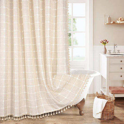MitoVilla Beige Boho Shower Curtains for Modern Farmhouse Bathroom Decor, Cream Vintage Country Thick Polyester Linen Fabric Shower Curtain, Rustic Tassel Cloth Shower Curtain, 72 x 72