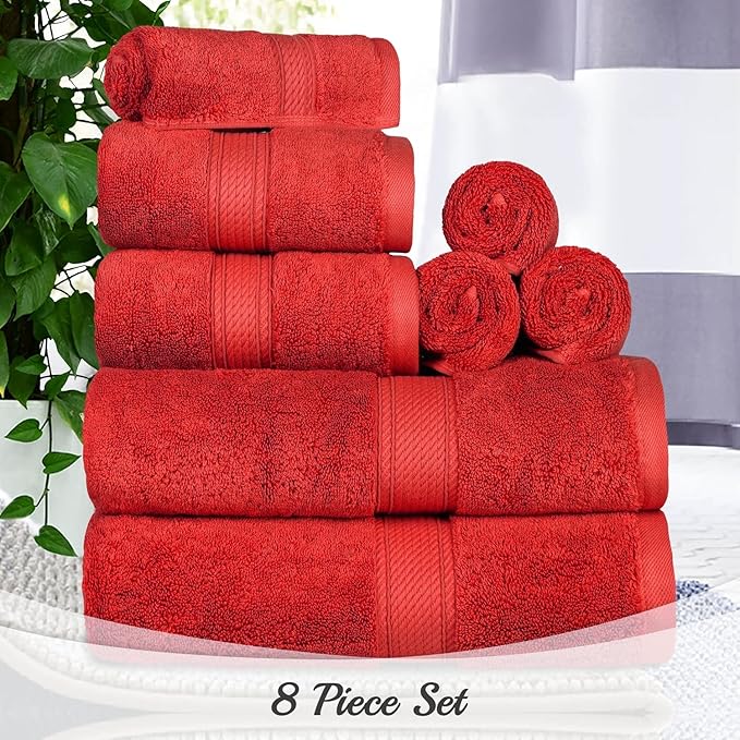 BLUENILEMILLS Madison Egyptian Cotton Towels, Towel Set for Bathroom, Shower, Hotel, Plush, 800 GSM, Highly Absorbent and Ultra-Soft Towels, Bath Essentials, 8 Piece Assorted Towel Set, Red