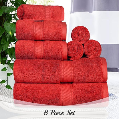 BLUENILEMILLS Madison Egyptian Cotton Towels, Towel Set for Bathroom, Shower, Hotel, Plush, 800 GSM, Highly Absorbent and Ultra-Soft Towels, Bath Essentials, 8 Piece Assorted Towel Set, Red
