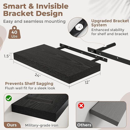 24 Inch Floating Shelves for Wall Set of 2, 12"D Wood Grain Bathroom Shelves with Invisible Brackets, Easy Install Engineered Wood Storage Shelves for Kitchen, Living Room, Bedroom, Black Finish