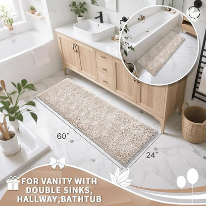 Yimobra Long Bathroom Rugs Runner 60x24 Inch, Extra Thick Soft Absorbent Chenille Bath Mat, Non Slip Machine Washable, Quick Dry Bath Rugs for Bathroom Floor, Tub and Shower, Khaki
