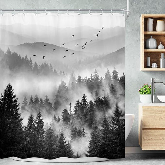 Riyidecor Black and White Shower Curtain 72Wx72H Inch Mountain Scenery Nature Pine Tree Cool for Mens Scene View Landscape Bathroom Decor Fabric Polyester Waterproof 12 Pack Hooks