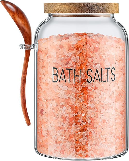 2 Pcs 94 oz Bath Salts Glass Jar with Wooden Lid, Bath Salt Container with Scoop, Airtight Storage Bathtub Accessories for Women
