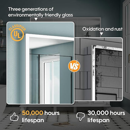WELLFOR 60" X 30" LED Mirrored Bathroom Cabinet with 3X Magnification Makeup Mirror, Medicine Cabinet with Defog Mirror, Dimmer, Outlets & USB Ports, Bathroom Mirrored Cabinet with Three Opening Doors