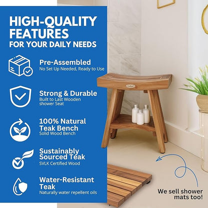 EcoDecors Teak Shower Bench with Shelf 18", 300 lb Capacity – Fully Assembled Waterproof Wood Spa Seating for Adults - Compact Fit for Small Bathrooms & Walk-in Showers - Slip-Resistant Feet