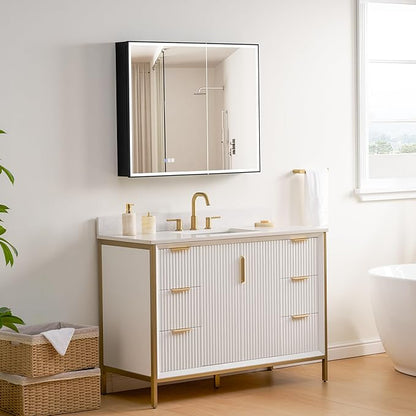 WELLFOR 36" X 30" LED Mirrored Medicine Cabinet, Medicine Cabinets with Lights for Bathroom, Defogging Function Mirror Cabinet, Bathroom Medicine Cabinet with USB Port & Outlet, Double Doors