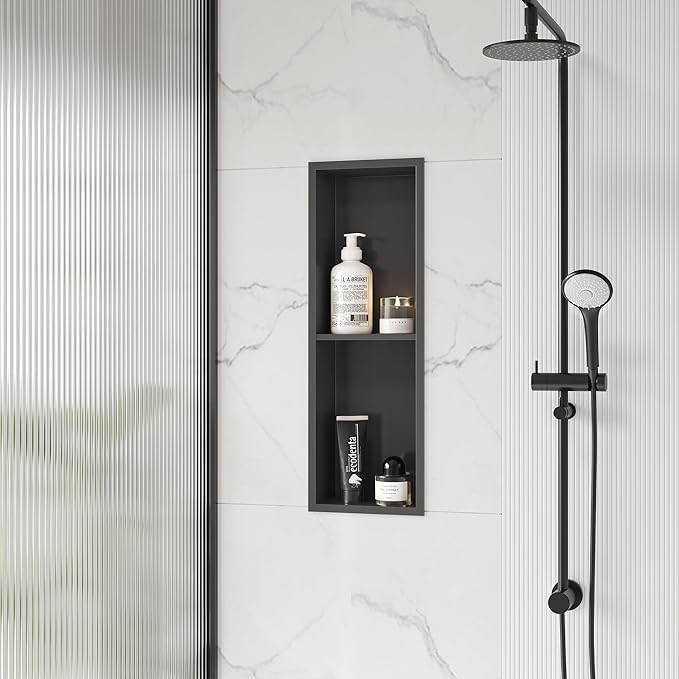Stainless Steel Shower Niche 24" X 8", No Tile Needed Wall Niche Double Shelves, Recessed Shower Shelf for Bathroom Storage, Gun Metal