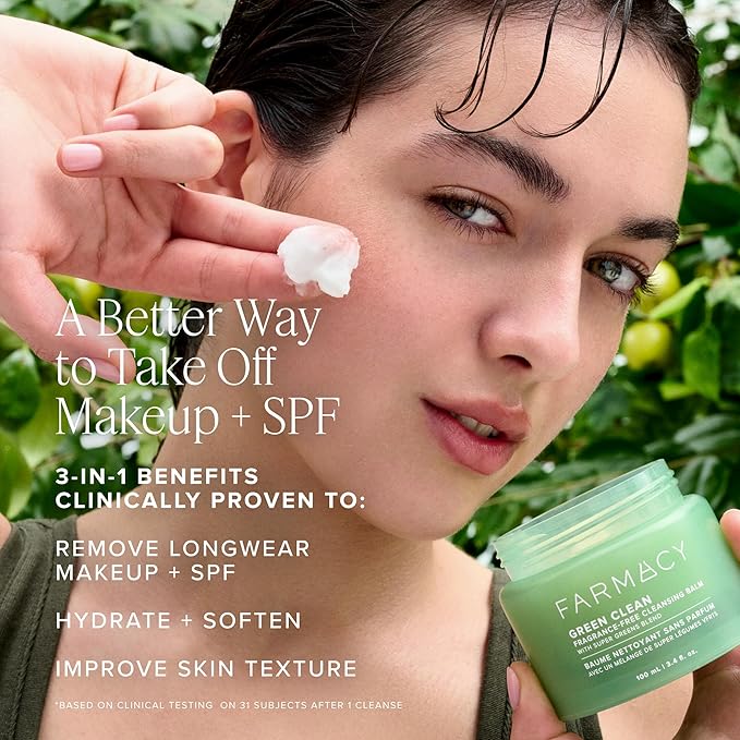 Farmacy Makeup Remover Cleansing Balm - Green Clean Waterproof Makeup Remover + Oil Based Cleanser - Newly Formulated Double Cleanser with Plant Based Waxes + Upcycled Moringa - Fragrance Free (100ml)