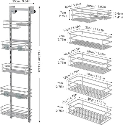 Orimade Over the Door Shower Caddy Adjustable 5 Tier Silver Grey,Bathroom Hanging Organizer Shelf Rustproof with 4 Hooks,Shower Basket with Soap Holder and Suction Cup