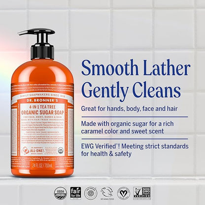 Dr. Bronner's - Organic Sugar Soap (Tea Tree, 24 Ounce) - Made with Organic Oils, Sugar and Shikakai Powder, 4-in-1 Uses: Hands, Body, Face and Hair, Cleanses, Moisturizes and Nourishes, Vegan