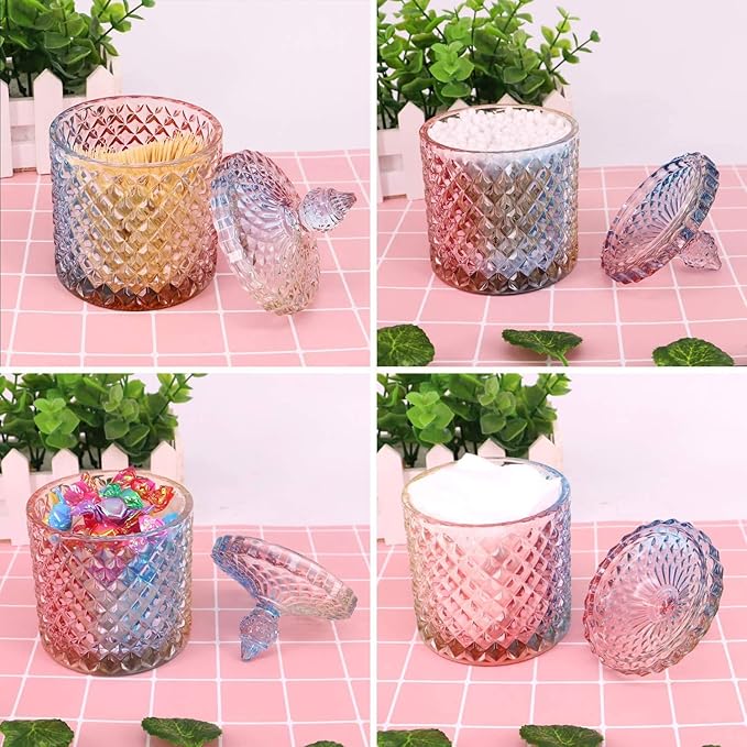 Colorful Home Decorative Jar Qtips Holder Dispenser Glass Storage Container Bathroom Counter Vanity Organizer for Bath Salts/Swabs/Rounds Makeup Sponges Toothpick Jewelry (Rainbow, 10 oz,
