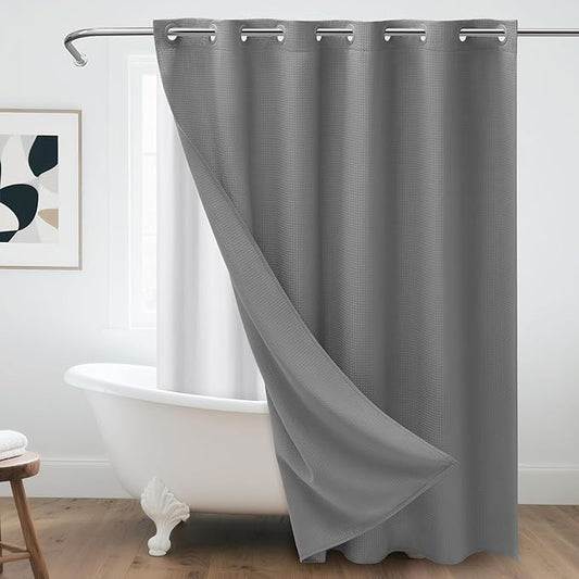 No Hook Waffle Weave Shower Curtain with Snap-in Fabric Liner,256GSM Heavy Duty Fabric Shower Curtain Set,Dark Grey Waterproof Washable Luxury Shower Curtain for Bathroom Stall(72x75 Inch)
