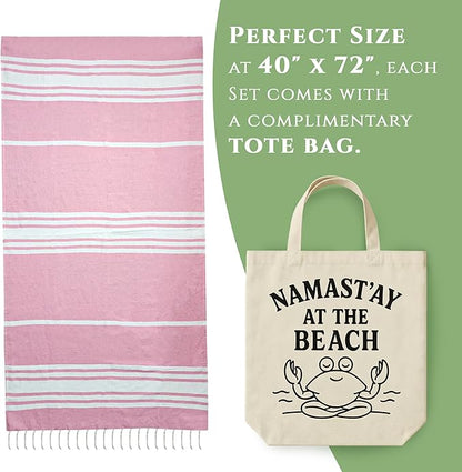 Turkish Cotton Beach Towel Pack of 6 & 1 Boho Tote Bag - Hammam Towels - No Shrink - Quick Dry - Lightweight - Sand Free - Camping - Pool - Blue,Gray,Purple, Coral,Green,Navy (40"x70")