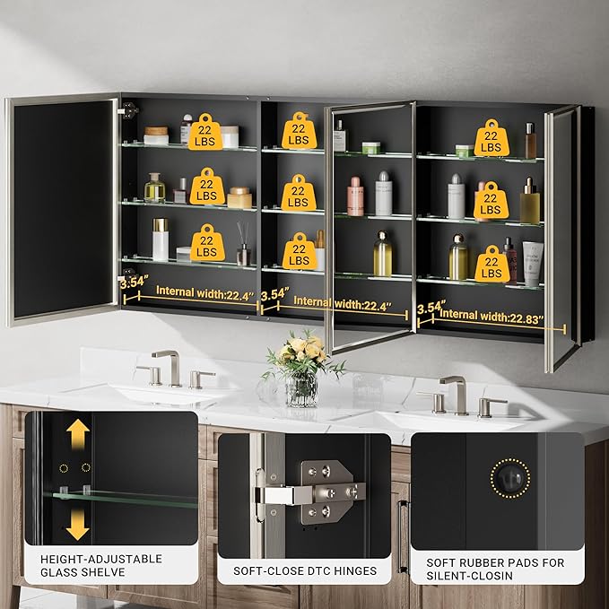Pre-Assembled Surface or Recessed Medicine Cabinet Mirror-72x30 Brushed Nickel Bathroom Medicine Cabinet with Mirror & Rustproof Aluminum Frame, Beveled Bathroom Vanity Mirror with Storage