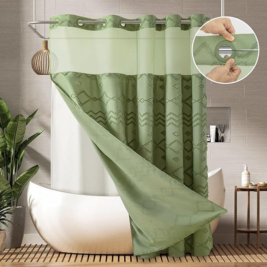 Long No Hook Tufted Chevron Striped Shower Curtain with Snap-in PEVA Liner Set - 72" x 86", Hotel Style with See Through Top Window, Water Repellent Fabric Shower Curtain Sage Green