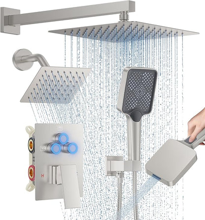 Shower Faucet Set, 10" Wall Mount Rainfall Shower System with 2 Rain Shower Head and Multi-function Handheld Head Push Button Diverter Shower Faucet Trim Kit Brushed Nickel