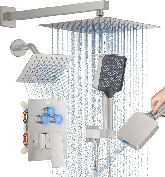 Shower Faucet Set, 10" Wall Mount Rainfall Shower System with 2 Rain Shower Head and Multi-function Handheld Head Push Button Diverter Shower Faucet Trim Kit Brushed Nickel