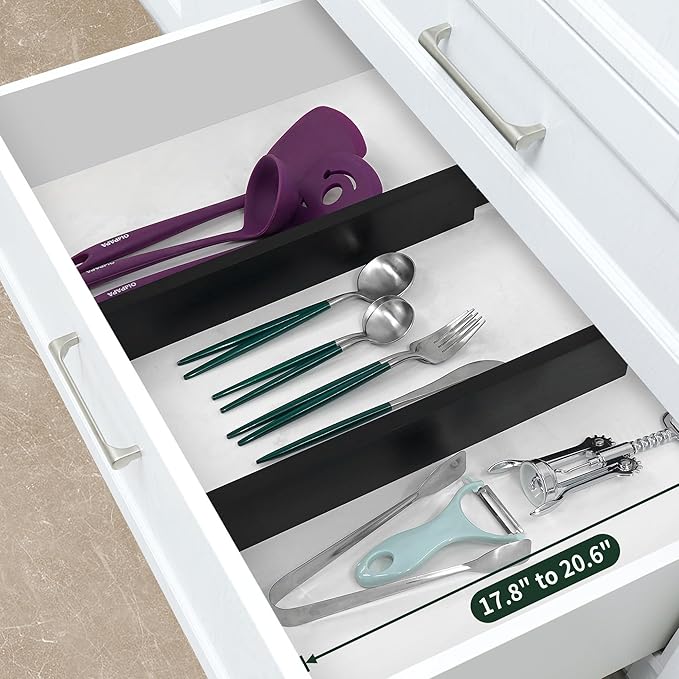 Utoplike 4 pcs Bamboo Kitchen Drawer Dividers Large, Adjustable Black Drawer Organizers, Spring Loaded, Works in Kitchen, Dresser, Bathroom, Bedroom, Drawer, Desk, 2.4" H