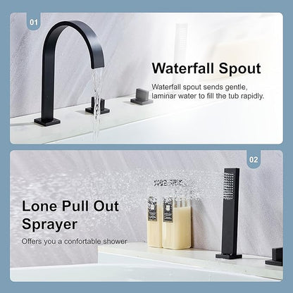 High Arc 5 Hole Roman Tub Filler with Handheld Showerhead Bathroom Widespread Waterfall Bathtub Faucet Set Deck Mounted, Matte Black